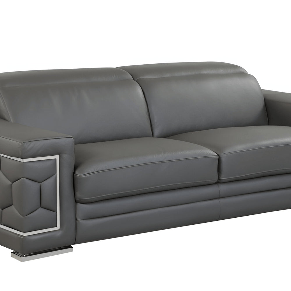 89" Dark Gray Italian Leather Sofa With Silver Legs
