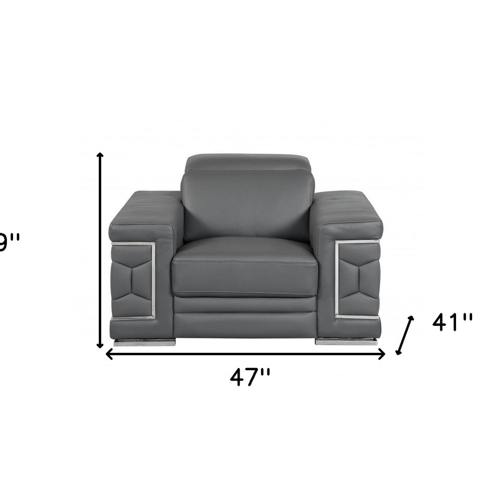 47" Dark Gray And Silver Genuine Leather Arm Chair