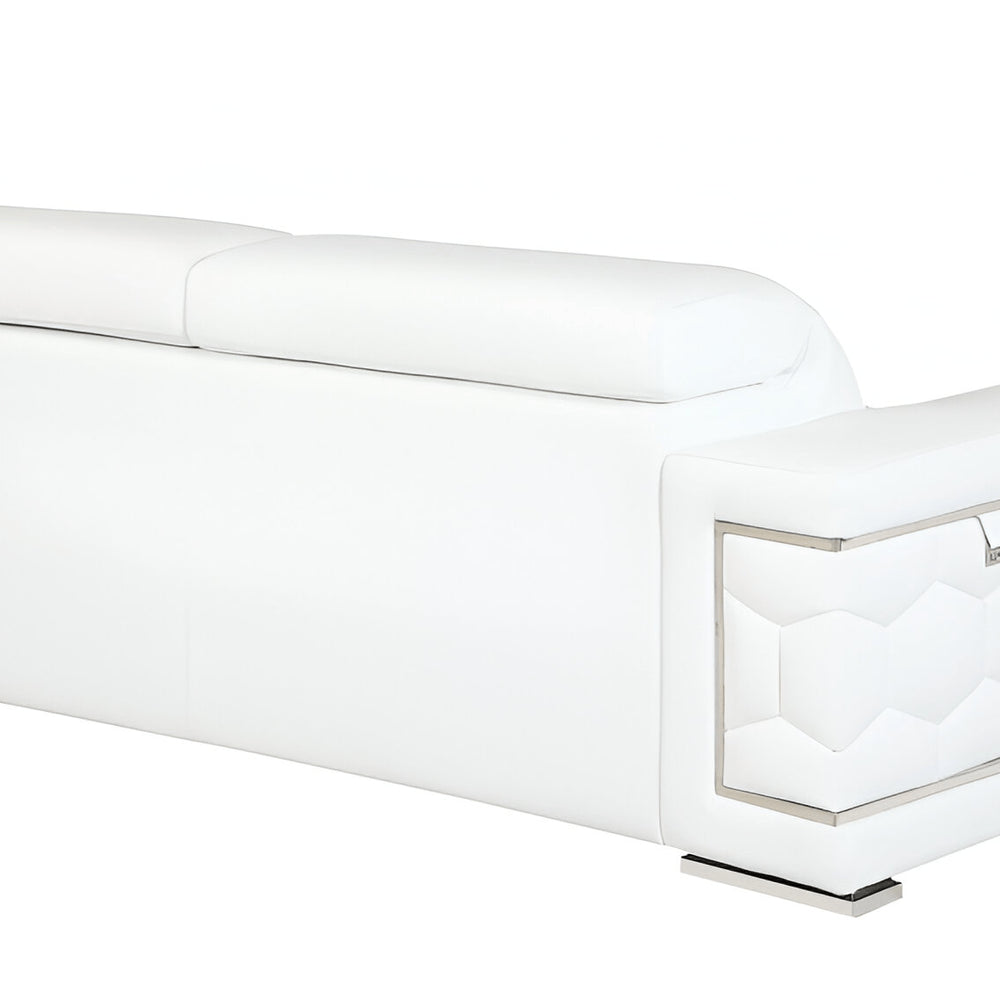89" White Italian Leather Sofa With Silver Legs