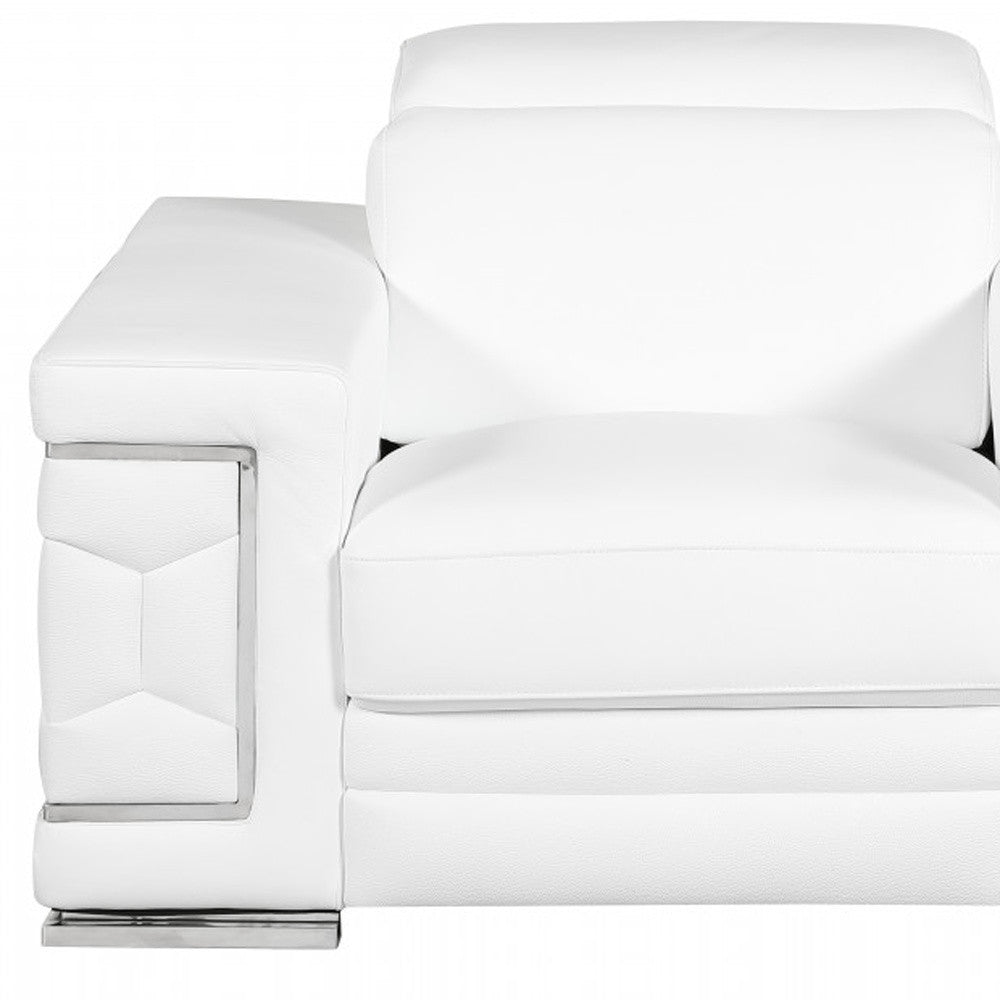 47" White And Silver Genuine Leather Arm Chair