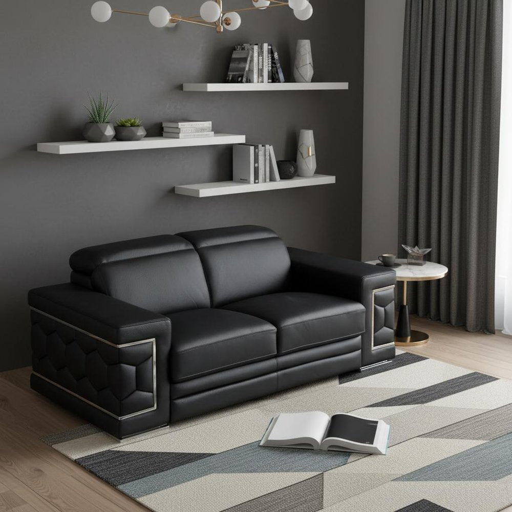 71" Black And Silver Genuine Leather Love Seat