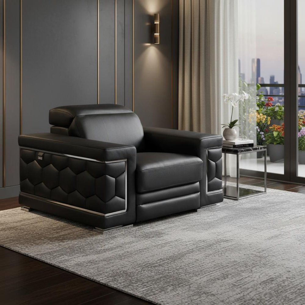47" Black And Silver Genuine Leather Arm Chair