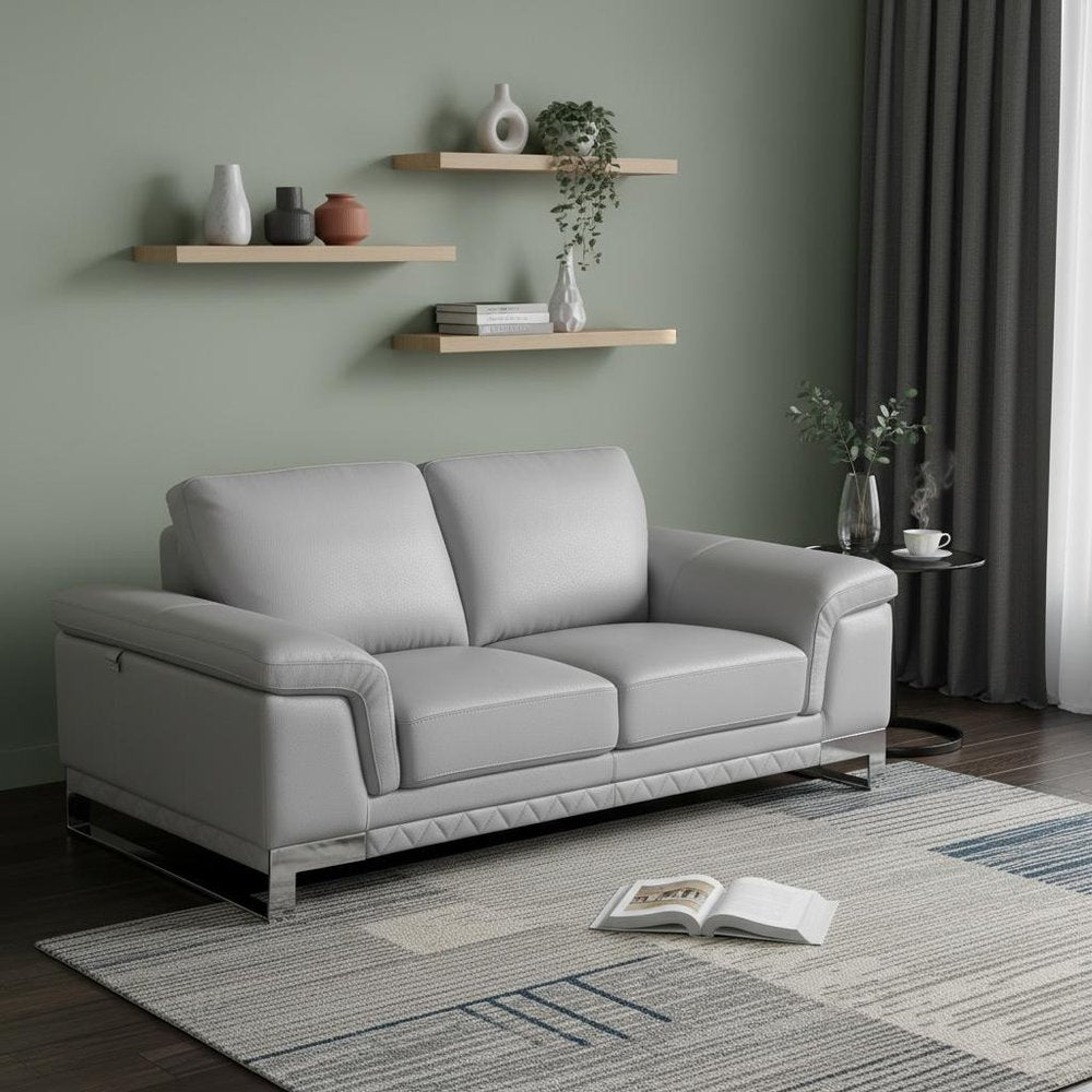 73" Light Gray And Silver Genuine Leather Loveseat