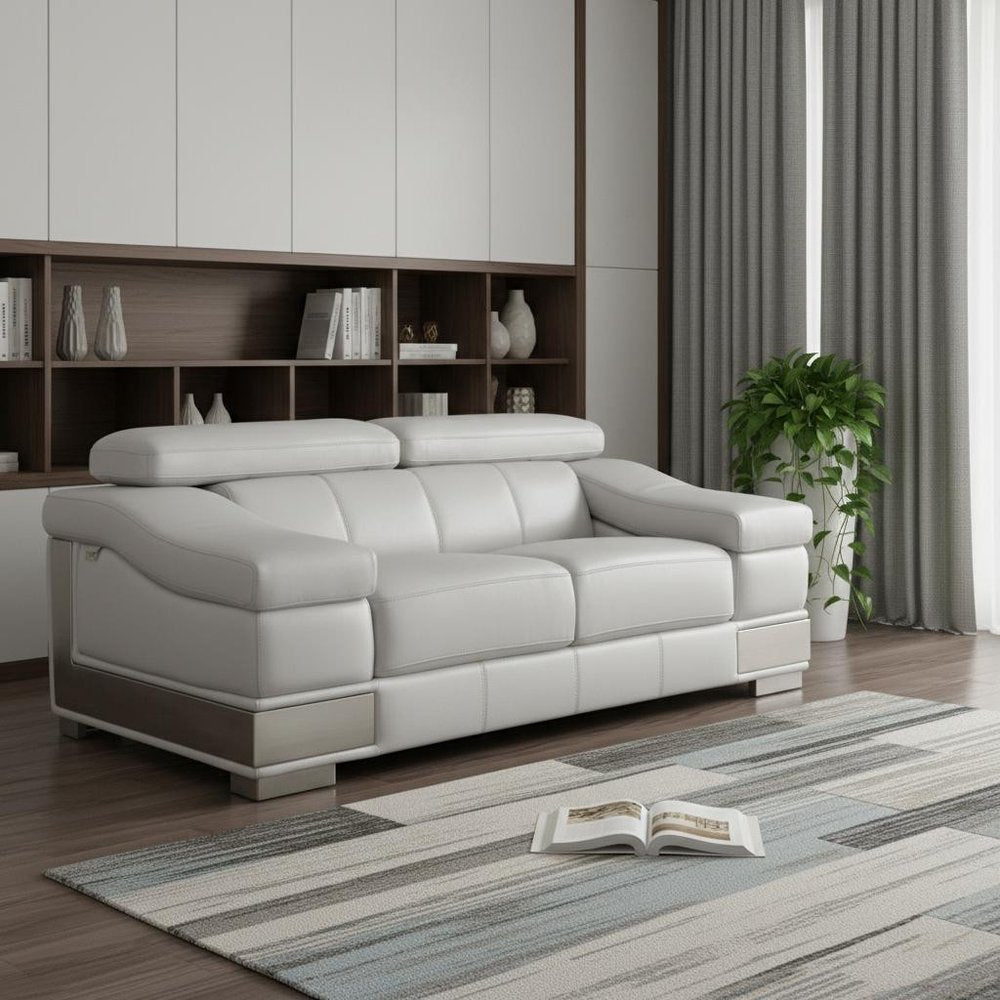 73" Light Gray And Silver Genuine Leather Love Seat
