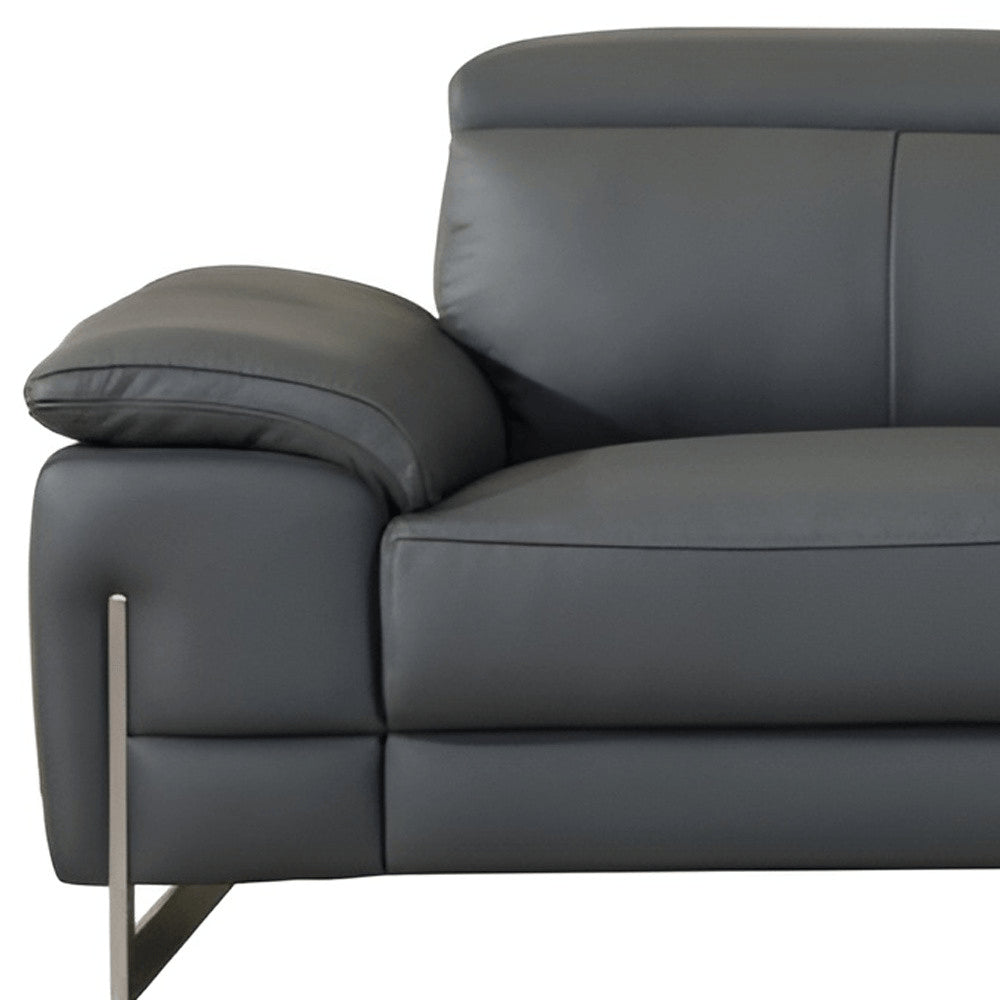 87" Dark Gray Italian Leather Sofa With Silver Legs