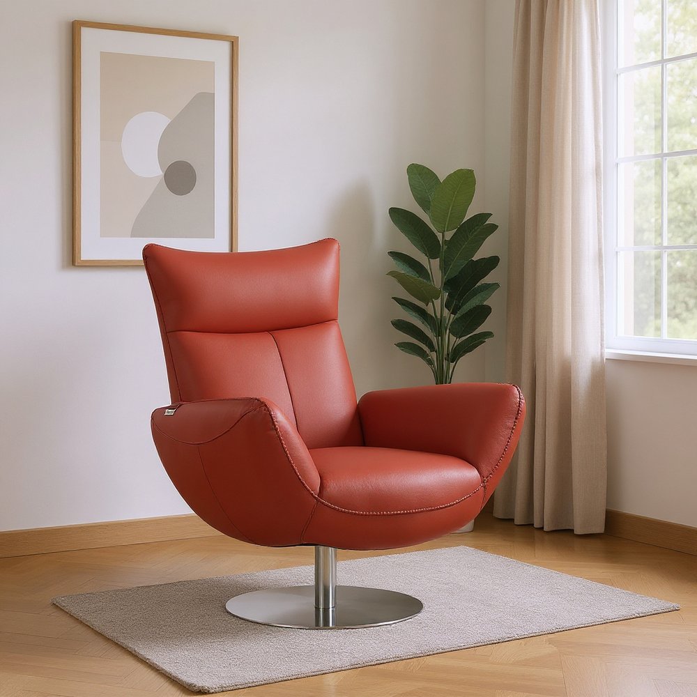 37" Red And Silver Genuine Leather Swivel Lounge Chair