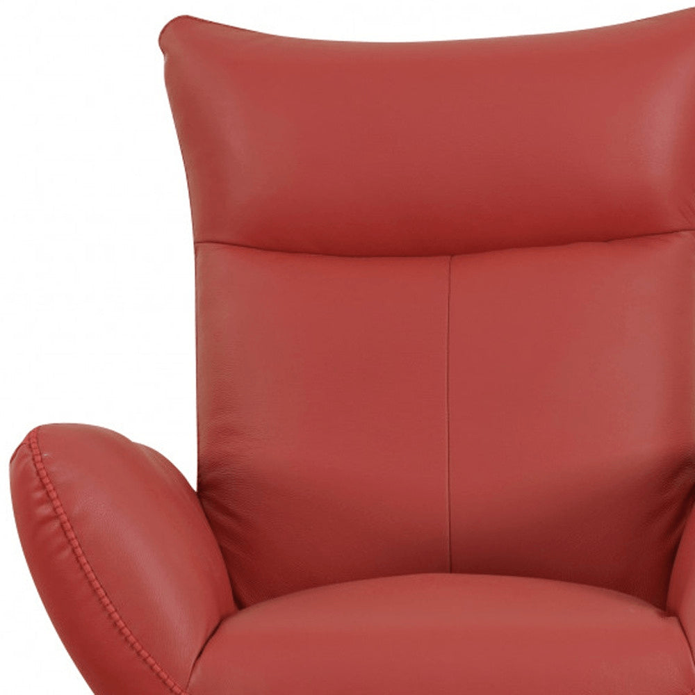 37" Red And Silver Genuine Leather Swivel Lounge Chair