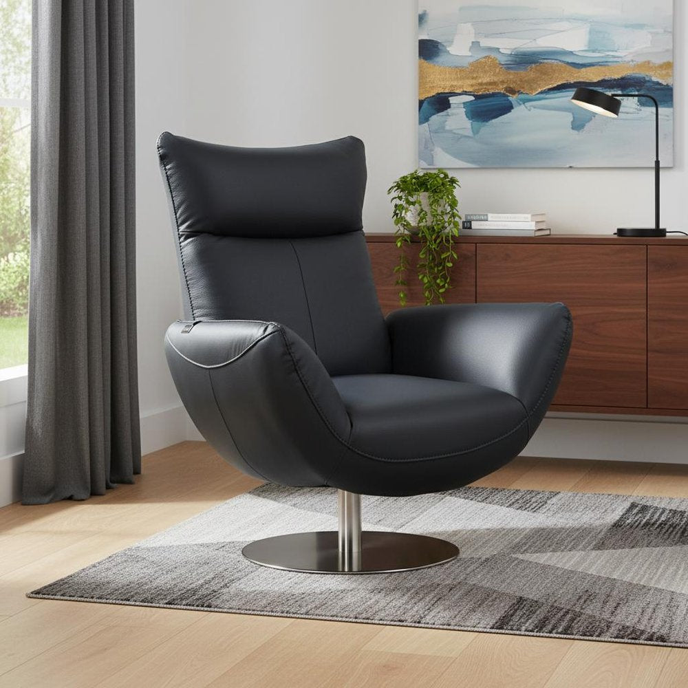37" Blue And Silver Genuine Leather Lounge Chair