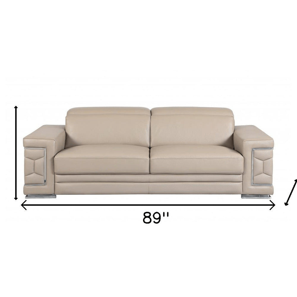 89" Beige Italian Leather Sofa With Silver Legs