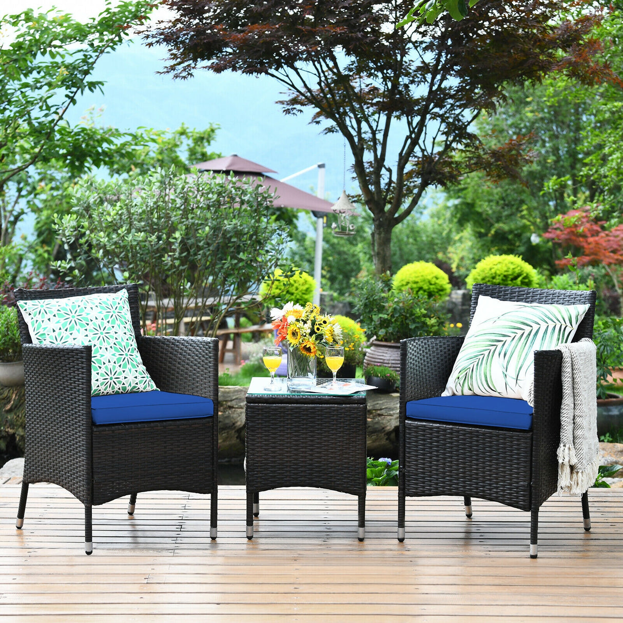 3 Pcs Outdoor Rattan Wicker Furniture Set-Blue