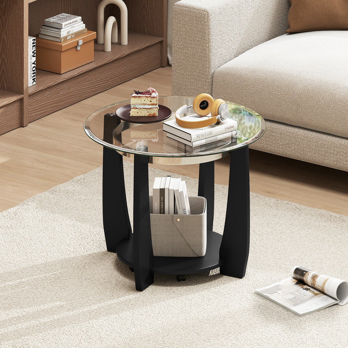 32" 2-Tier Glass Round Coffee Table with Storage Shelf-Black