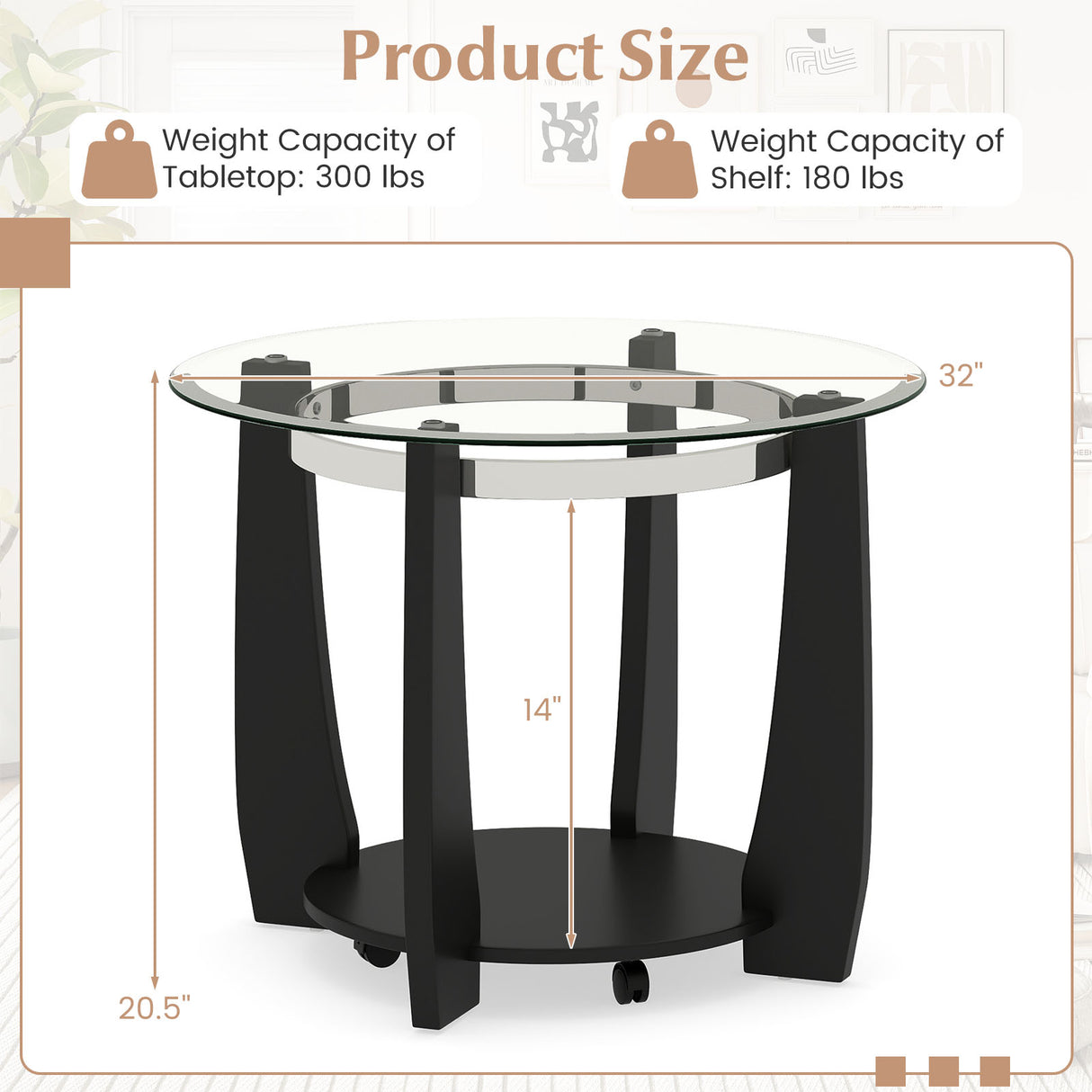 32" 2-Tier Glass Round Coffee Table with Storage Shelf-Black