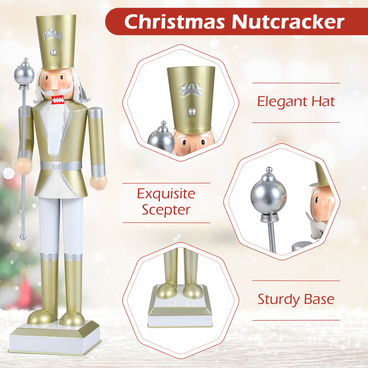 32.5 Inch Christmas Nutcracker with High Hat and Beautiful Scepter-White & Golden