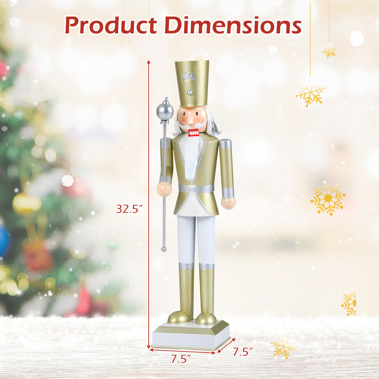 32.5 Inch Christmas Nutcracker with High Hat and Beautiful Scepter-White & Golden