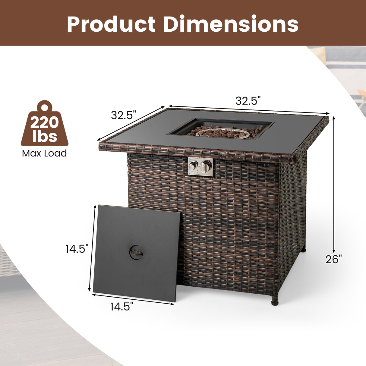 32.5 Inch Propane Fire Pit Table 5000 BTU with Tempered Glass Tabletop-Brown