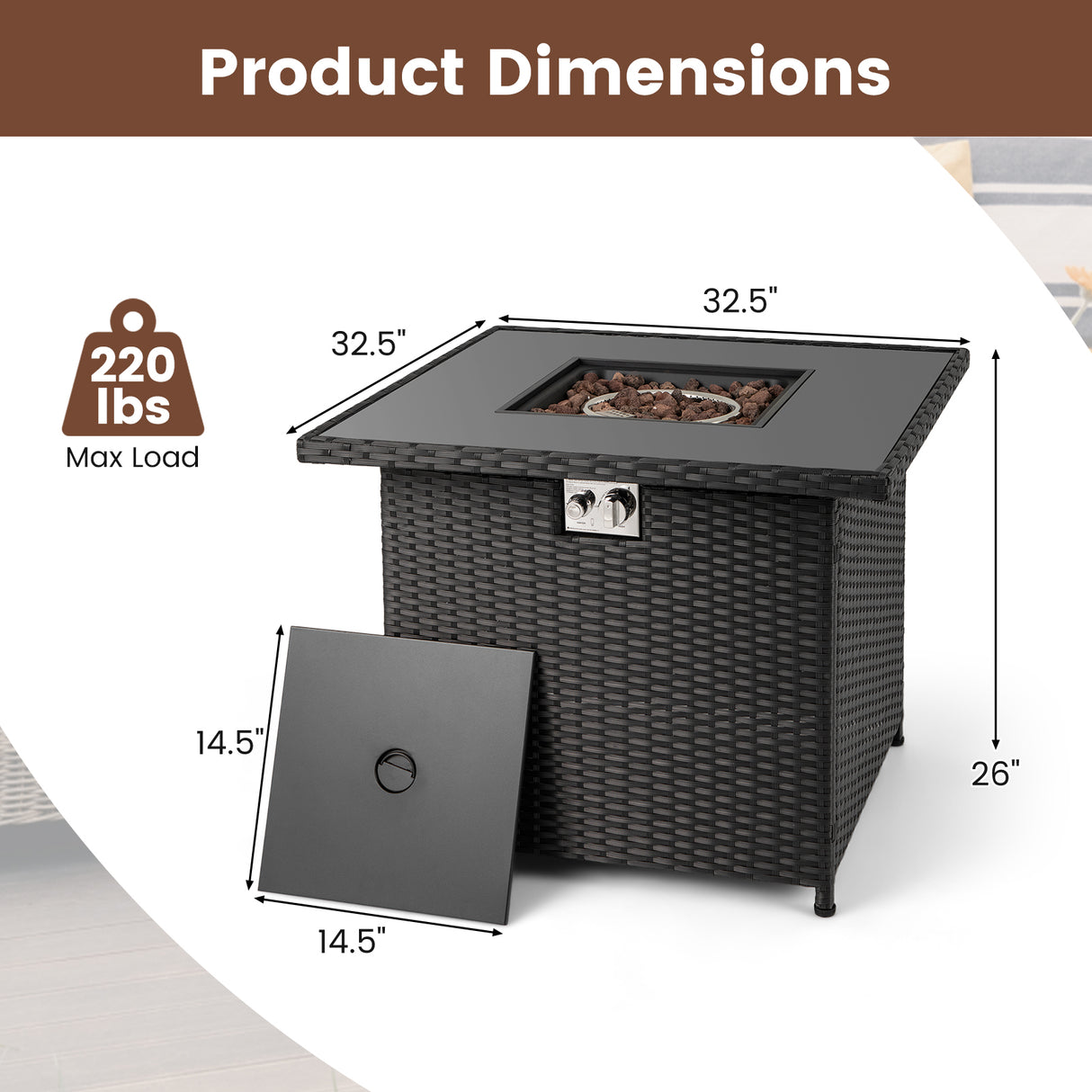 32.5 Inch Propane Fire Pit Table 5000 BTU with Tempered Glass Tabletop-Black