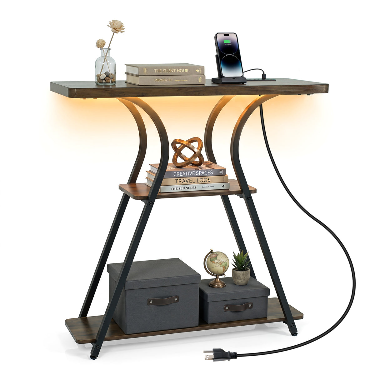 32 Inch Narrow Long Entryway Table with Power Outlets and LED Lights-Brown