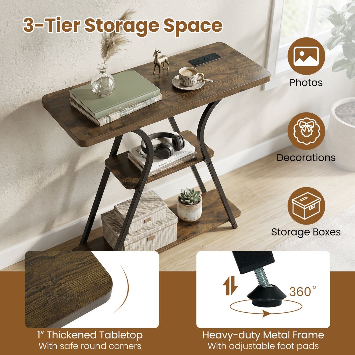 32 Inch Narrow Long Entryway Table with Power Outlets and LED Lights-Brown