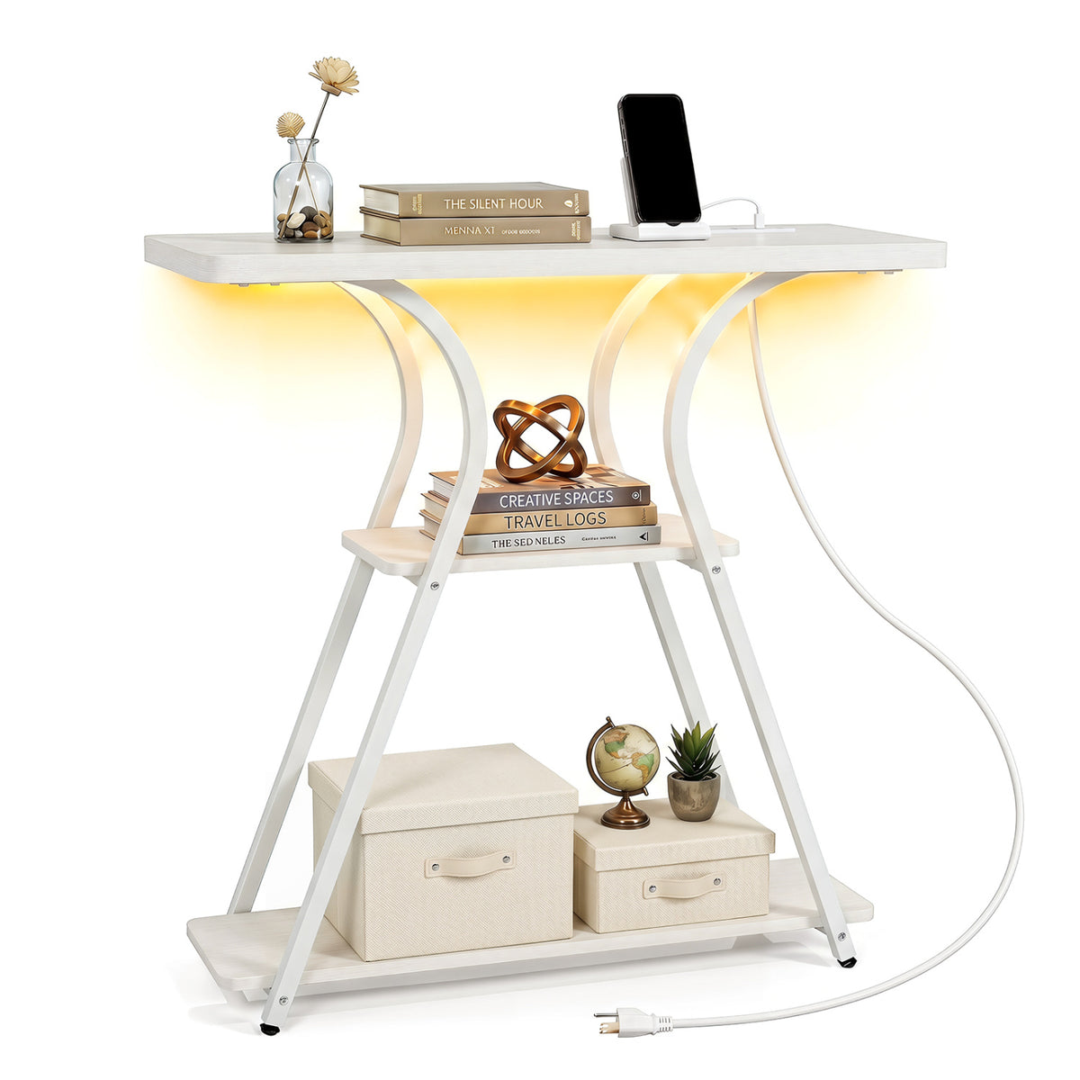 32 Inch Narrow Long Entryway Table with Power Outlets and LED Lights-Oak