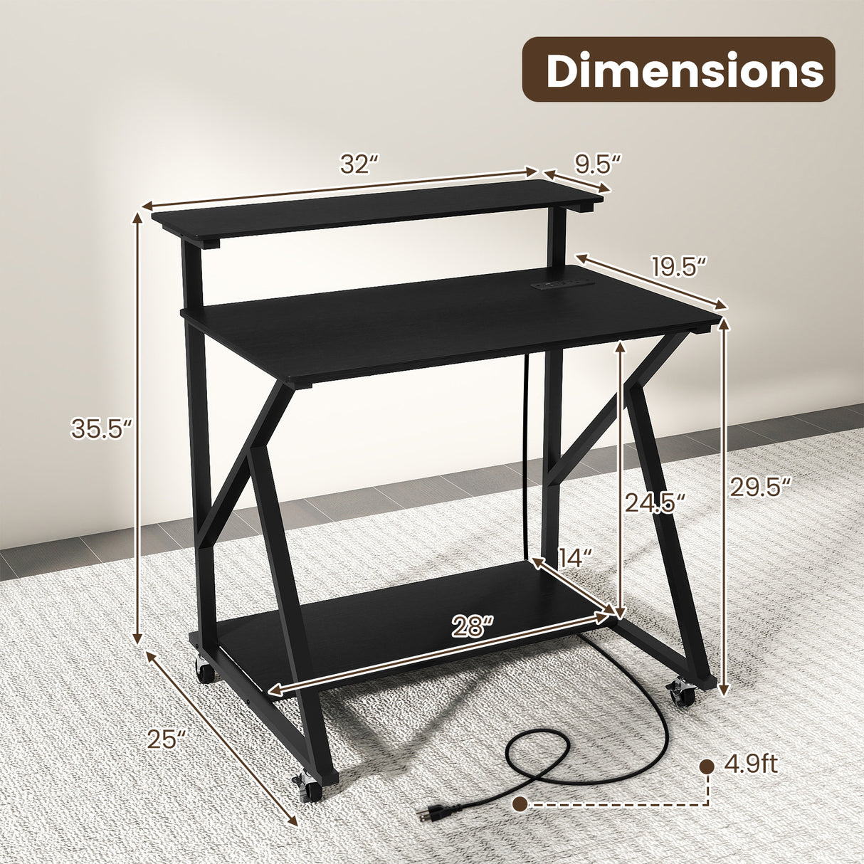 32 Inch Rolling Computer Desk for Small Spaces with Power Outlets-Black