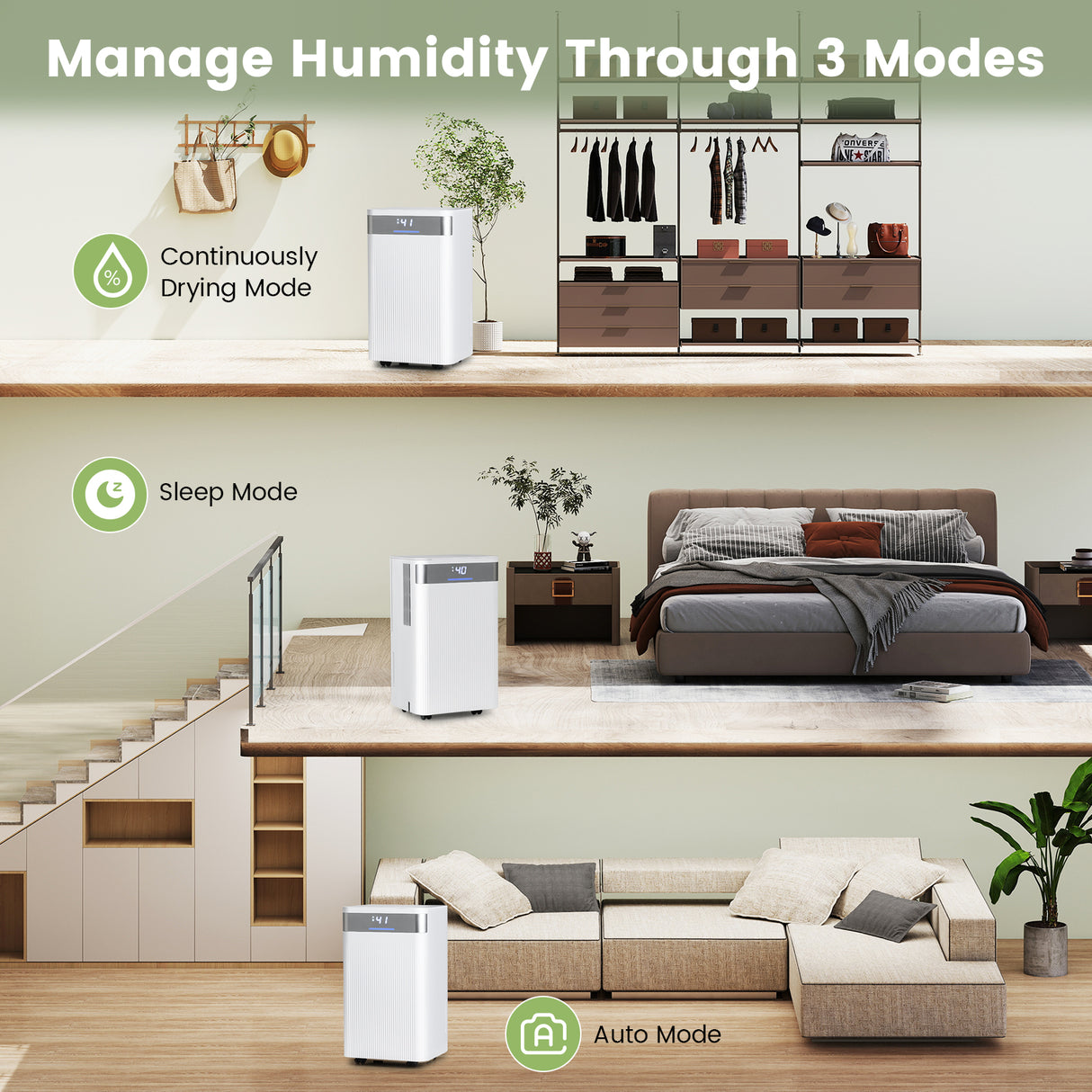 32 Pints 2000 Sq.ft Quiet Dehumidifier for Home with 3 Modes-White