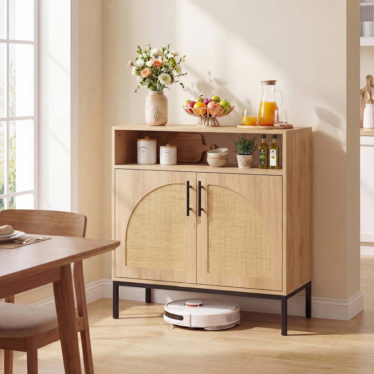32" Sideboard Buffet Cabinet with 2 Natural Rattan Decorated Doors and Adjustable Shelf-Natural