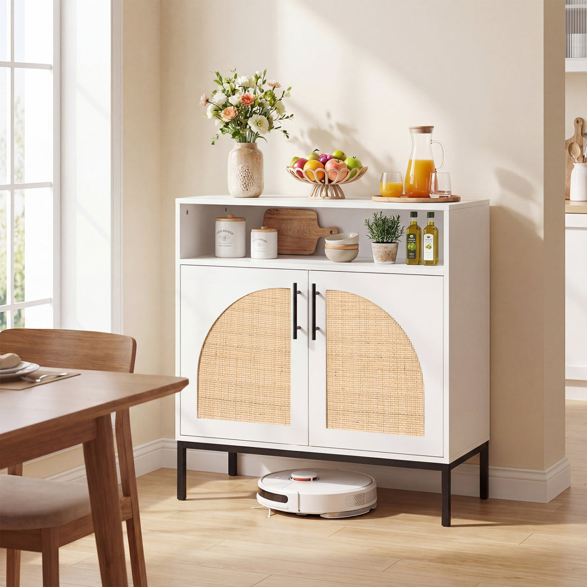 32" Sideboard Buffet Cabinet with 2 Natural Rattan Decorated Doors and Adjustable Shelf-White