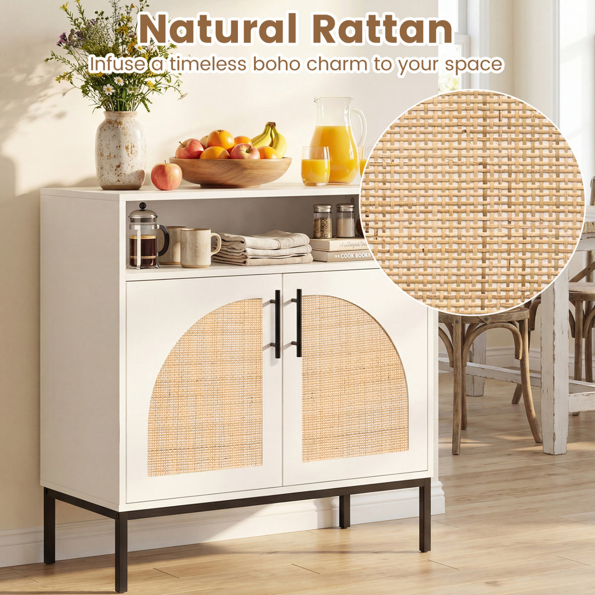 32" Sideboard Buffet Cabinet with 2 Natural Rattan Decorated Doors and Adjustable Shelf-White