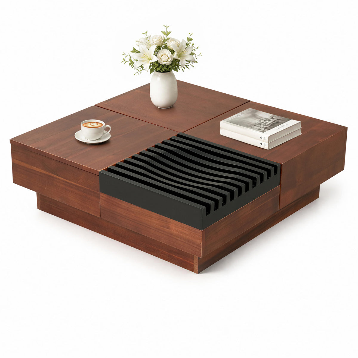 32" Square Color-blocking Design Coffee Table with Storage Tray for Living Room-Walnut