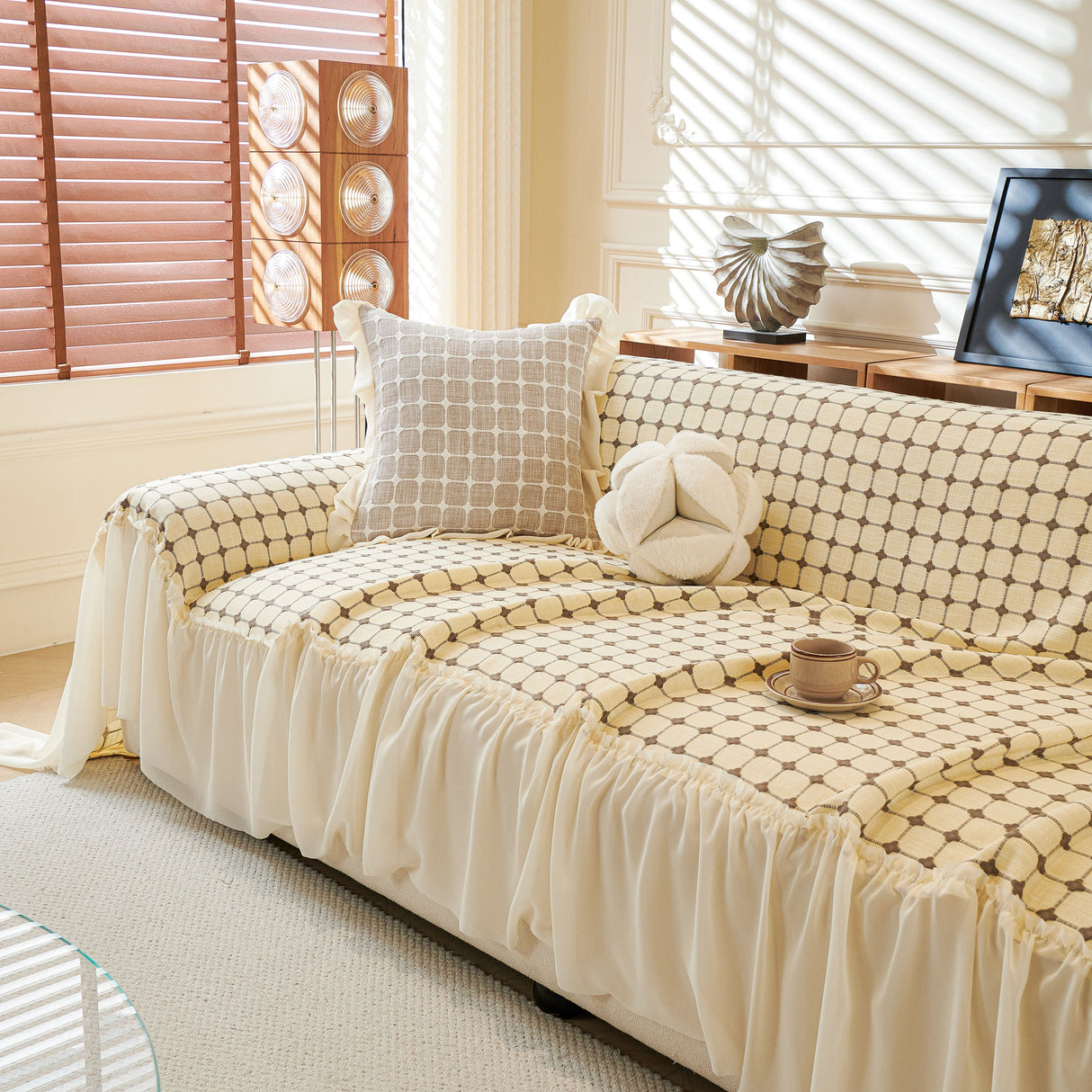 Grid Textured Sofa Cover with Sheer Ruffle Skirt, Pet-Friendly Sofa Throw Slipcover