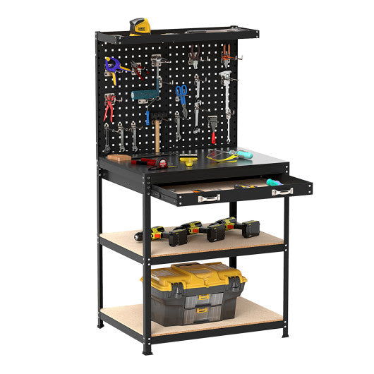32 x 16 Inch Workbench Work Table with 2 PCs Pegboard Drawer and Shelves-Black