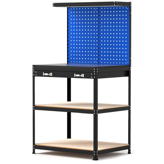 32 x 16 Inch Workbench Work Table with 2 PCs Pegboard Drawer and Shelves-Navy