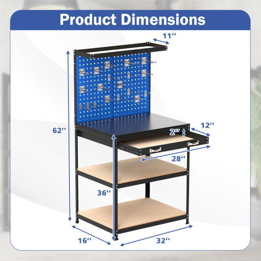32 x 16 Inch Workbench Work Table with 2 PCs Pegboard Drawer and Shelves-Navy