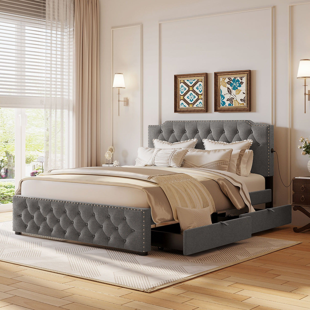 Upholstered Platform Bed With 2 Drawers And 2 Sets Of USB Ports On Each Side, Fabric