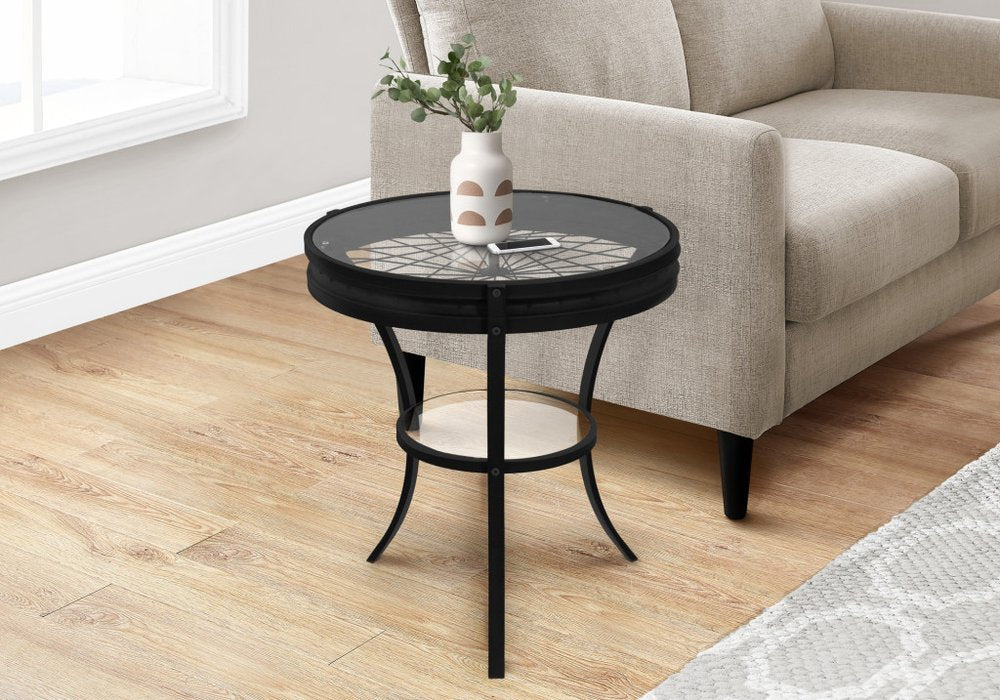 24" Black And Clear Glass And Metal Round End Table With Shelf
