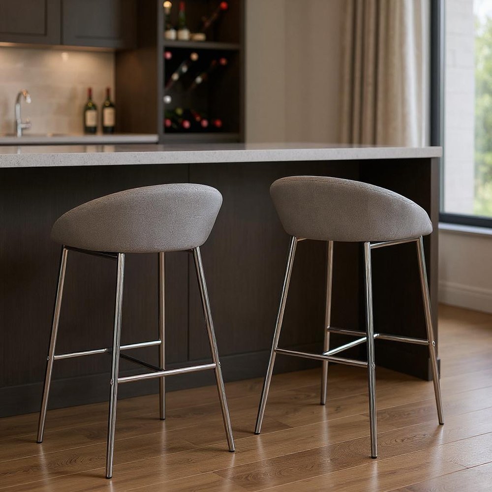 Set of Two 30" Gray and Silver Metal Low Back Bar Chairs