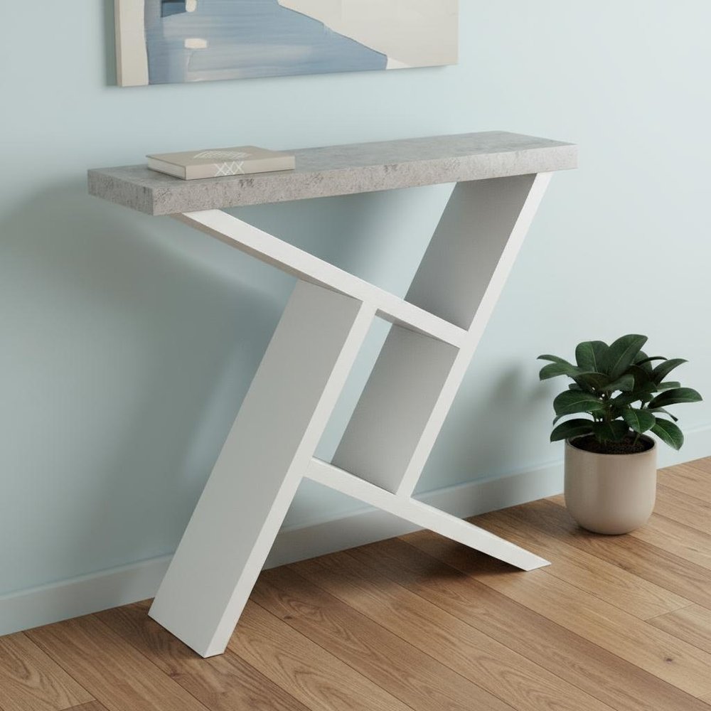 36" Gray and White Abstract Console Table With Shelves