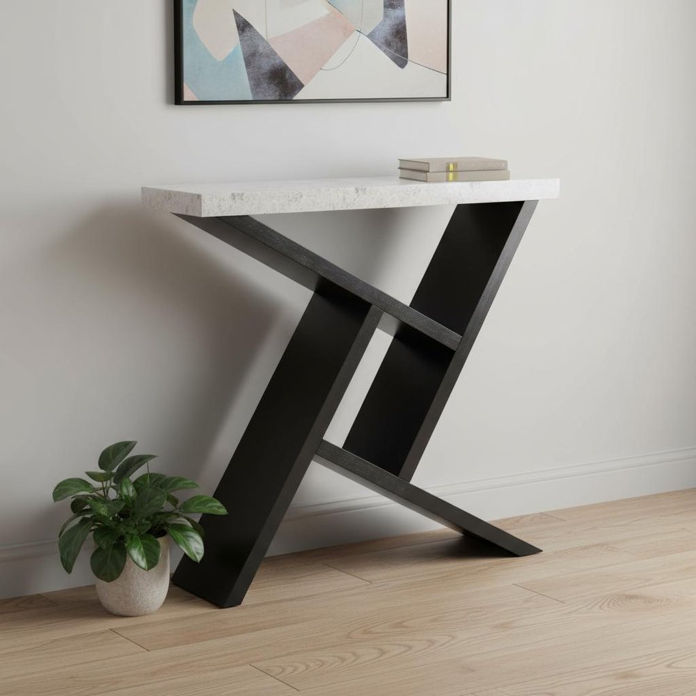 36" Gray and Black Abstract Console Table With Shelves