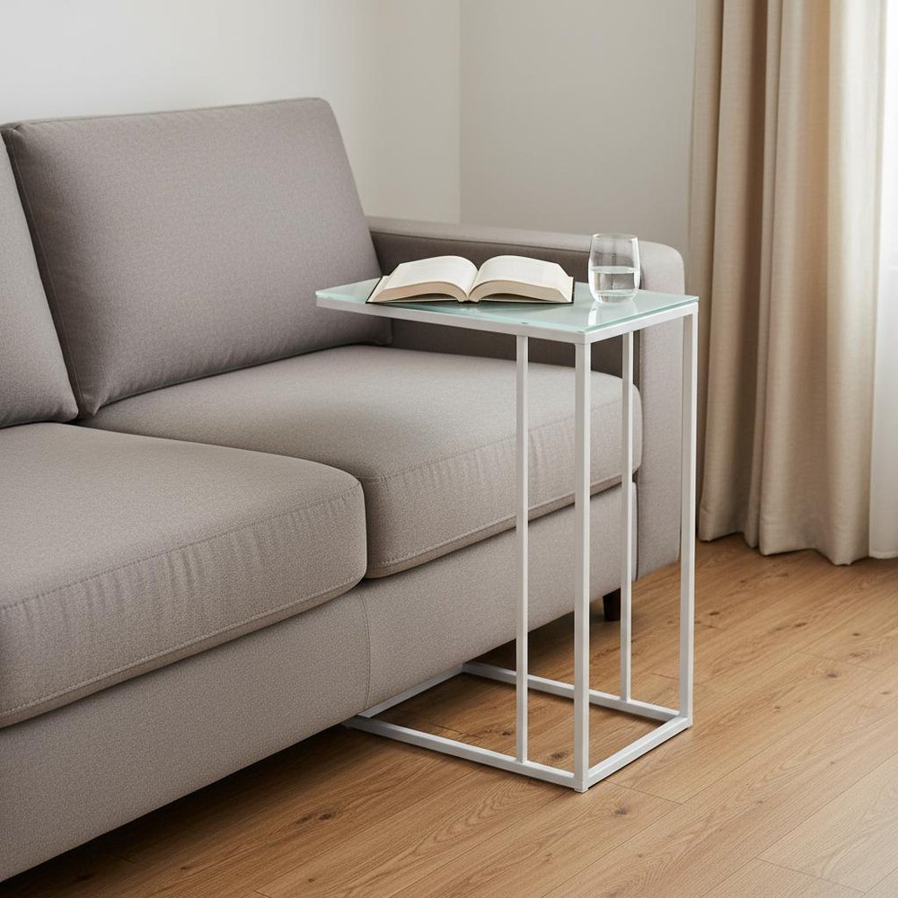 18.25" X 10.25" X 24" White Metal Tempered Glass Accent Table