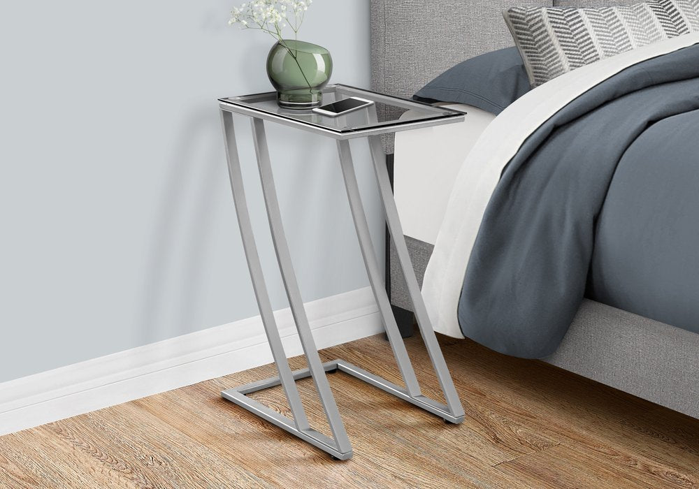 15.75" X 12" X 24" Silver Clear Metal Tempered Glass Accent Table
