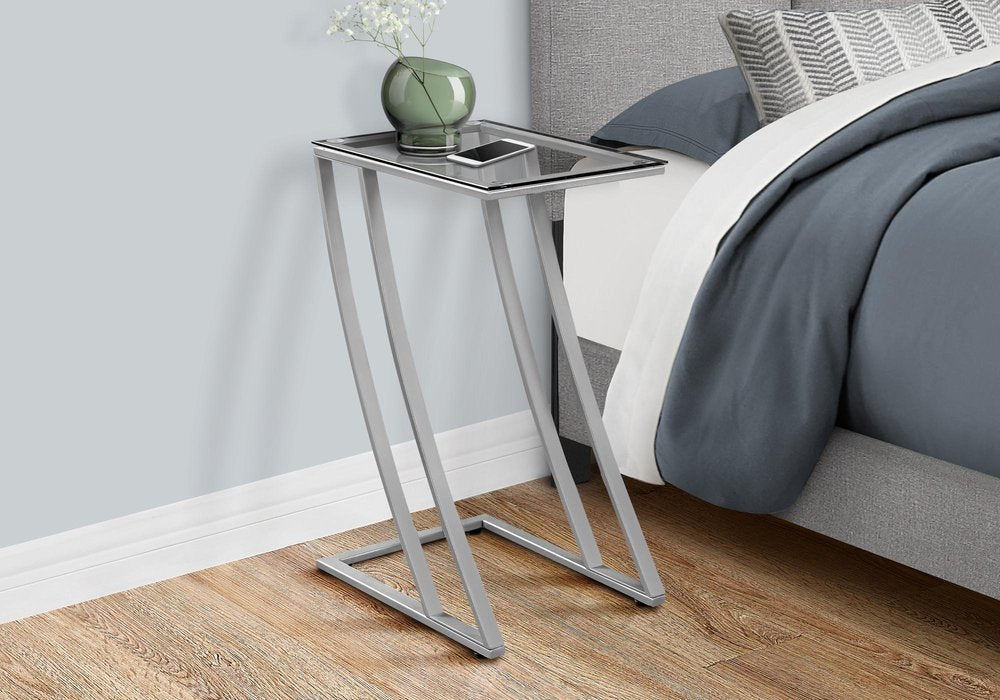 15.75" X 12" X 24" Silver Clear Metal Tempered Glass Accent Table