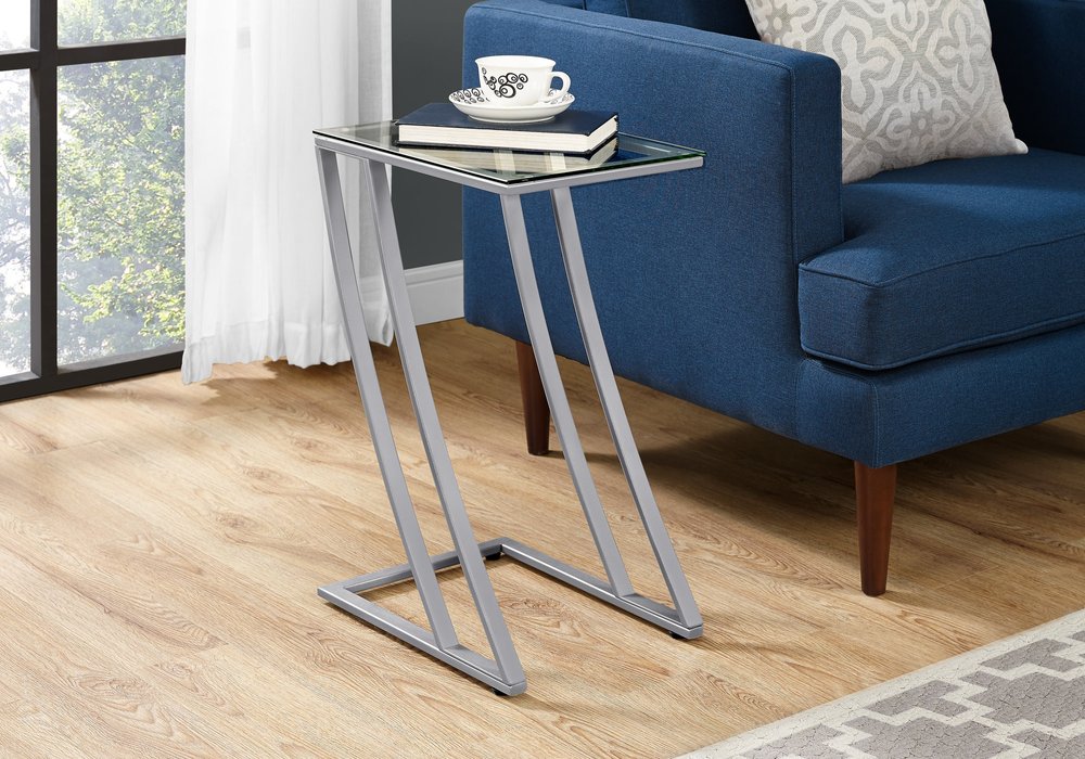 15.75" X 12" X 24" Silver Clear Metal Tempered Glass Accent Table