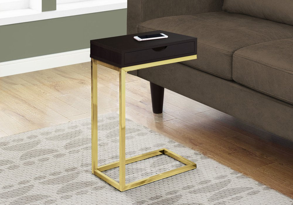 10.25" X 15.75" X 24.5" Cappuccino Finish And Gold Laminated Drawer Accent Table