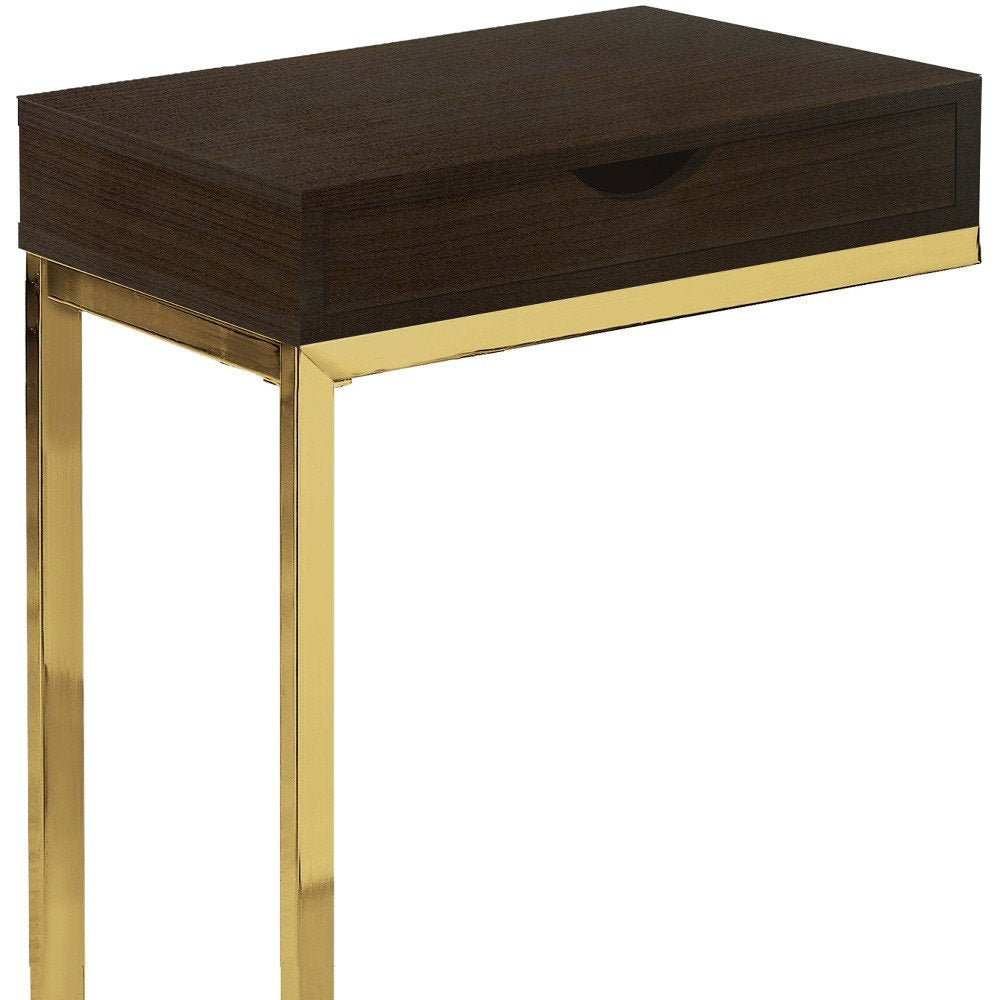 10.25" X 15.75" X 24.5" Cappuccino Finish And Gold Laminated Drawer Accent Table