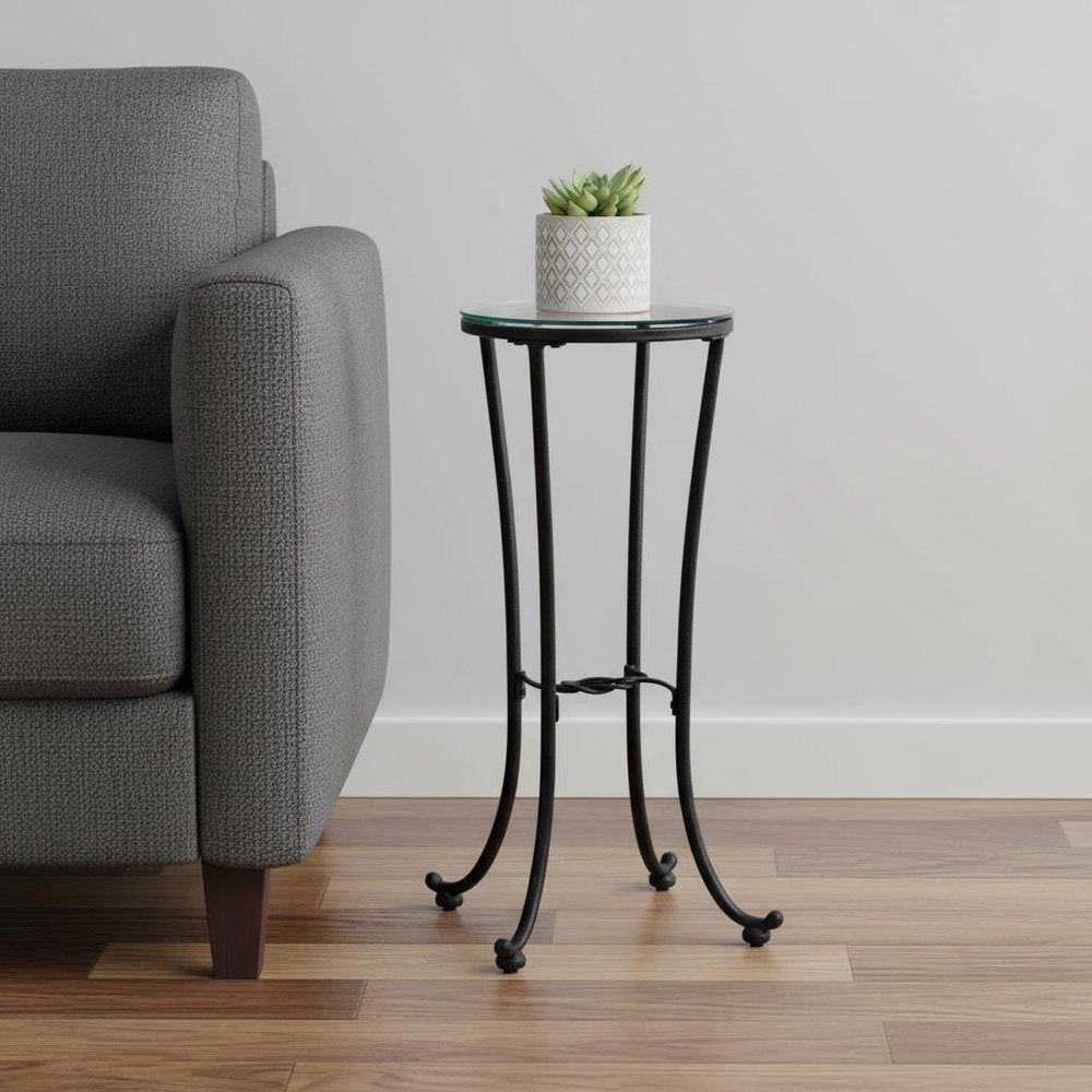 29" Black And Clear Glass Round End Table
