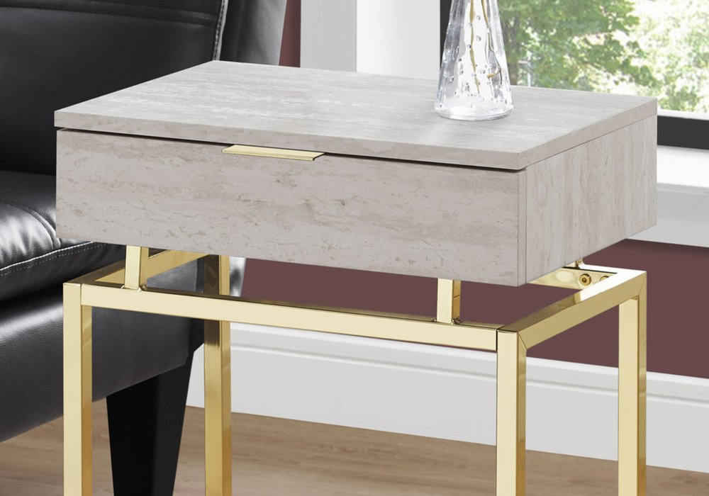 23" Gold And Beige Wood And Metal End Table With Drawer