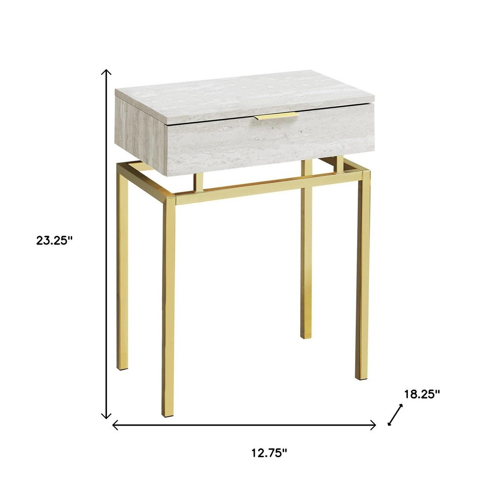 23" Gold And Beige Wood And Metal End Table With Drawer