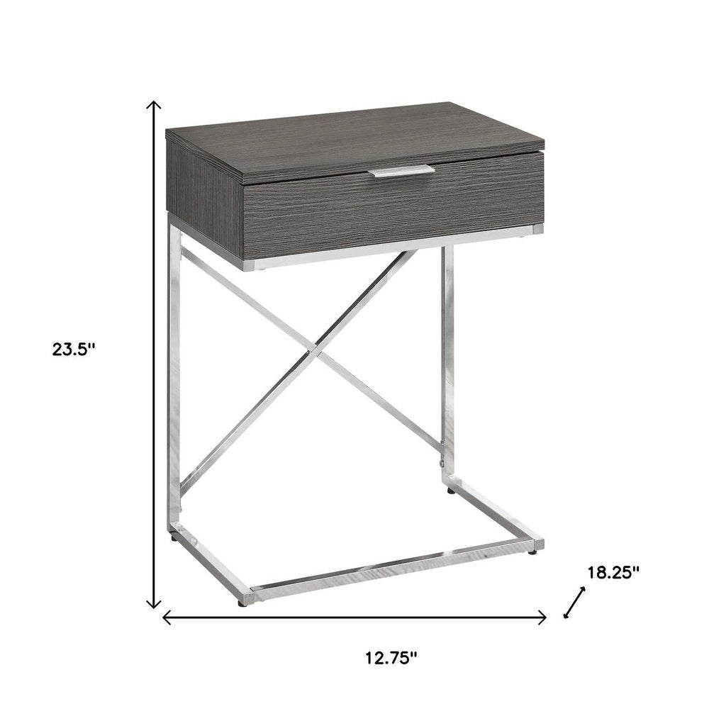 24" Silver And Gray Wood And Metal End Table With Drawer