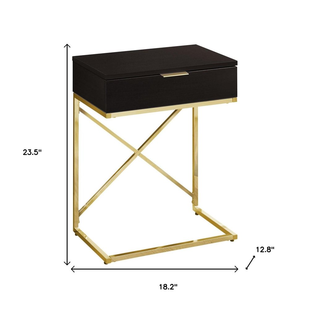 24" Gold And Black Wood And Metal End Table With Drawer