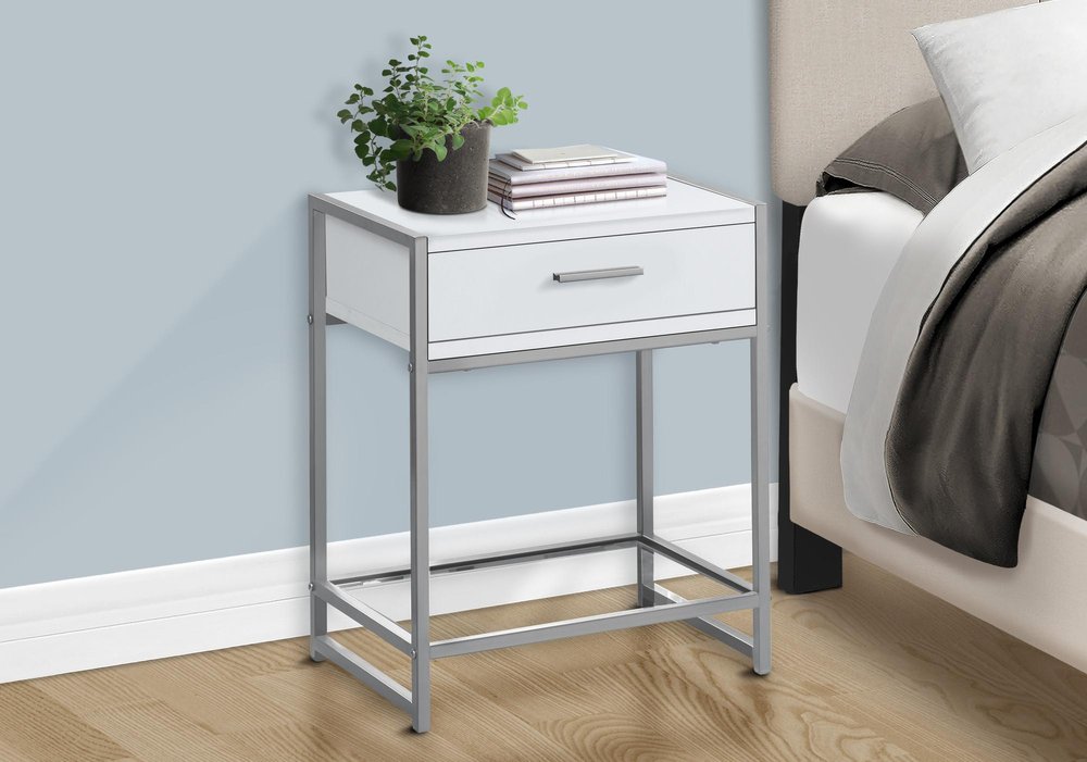 22" White Glass And Metal End Table With Drawer And Shelf